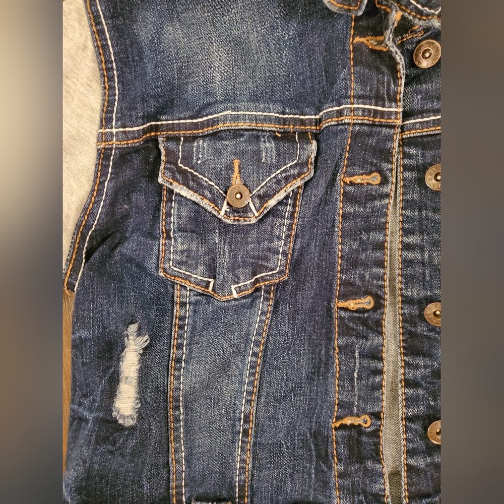 Ariya Jeans Distressed Jacket W/Sweat Shirt Material Arms & Hoodie GIRLS Size M - Picture 3 of 11